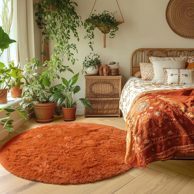 Amdrebio Burnt Orange Small Shag Round Circle Area Rug 3Ft - Image 3