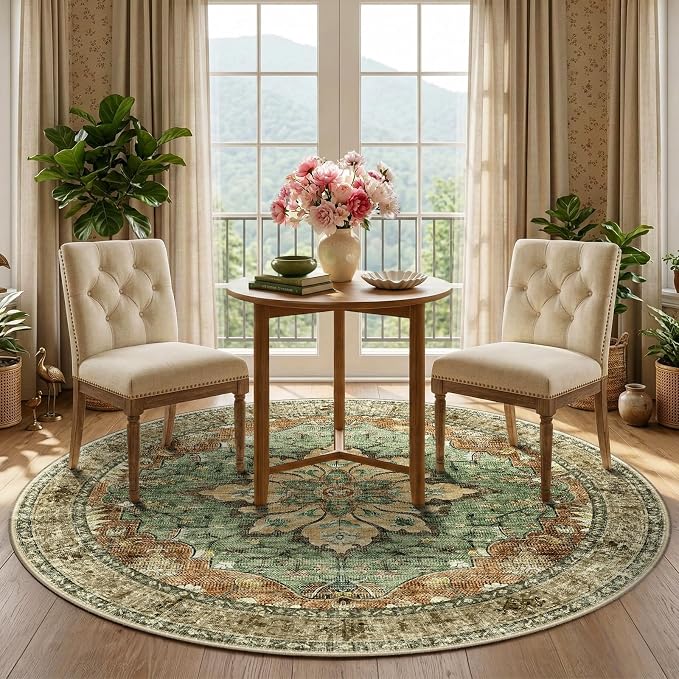 RELEANY Washable Area Rug, Round 5ft, Brick/Brown/Green | Non-Slip, Water - Image 3