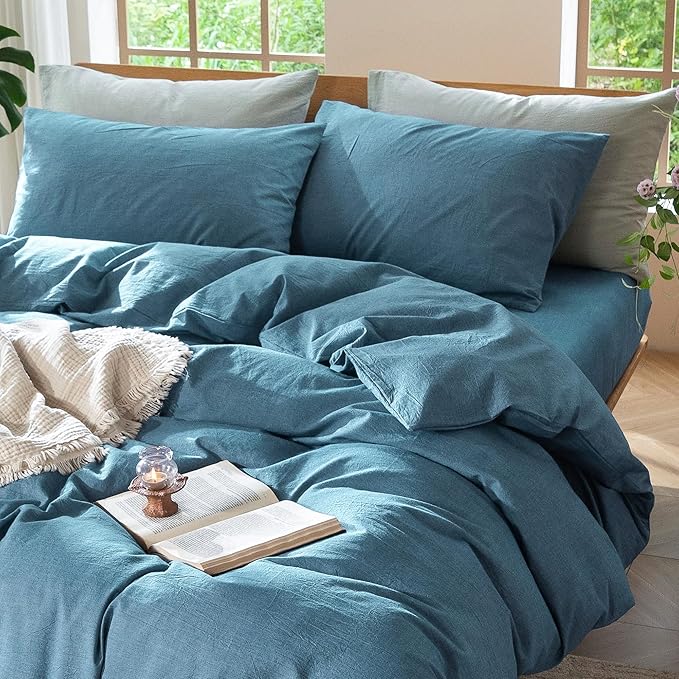 MooMee Bedding Duvet Cover Set 100% Washed Cotton Linen Like Textured Breathable Durable Soft Comfy (Heathered Peacock Blue, Full 80"x90")