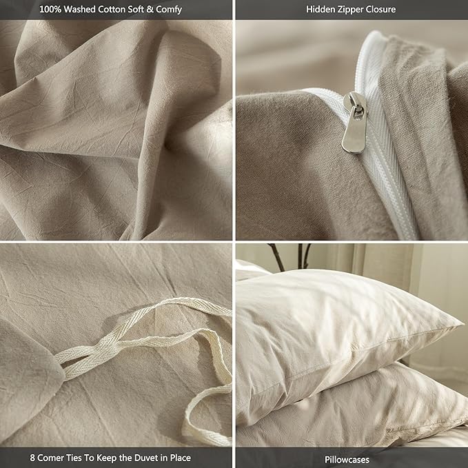 MooMee Bedding Duvet Cover Set 100% Washed Cotton Linen Like Textured Breathable Durable Soft Comfy (Solid Light Camel, King 104"x90")