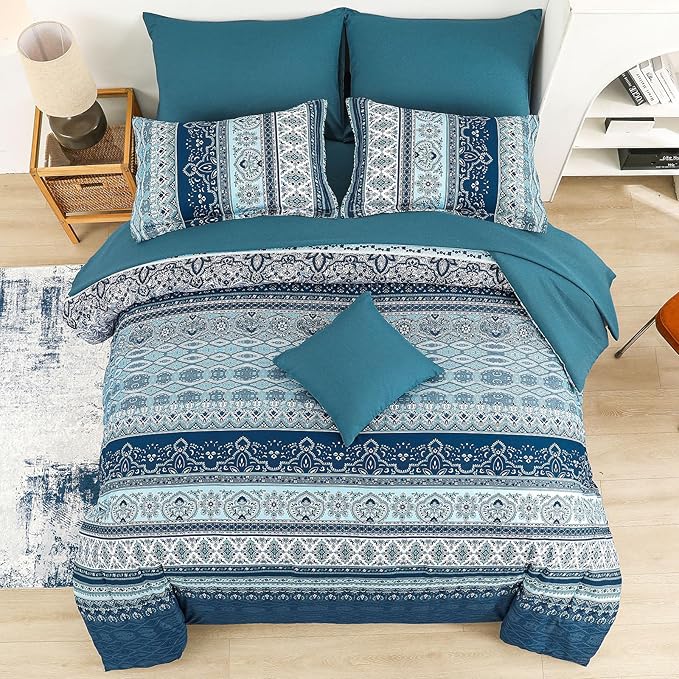 Boho Comforter Set King Size 8 Pieces, Teal Blue Comforter Bohemian Striped Bed in A Bag, Soft Microfiber Bedding Set for All Seasons