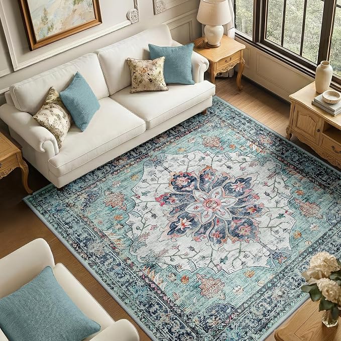 RELEANY Washable Area Rug, Square 6'x6', Teal Green/White/Navy | Non-Slip by RELEANY