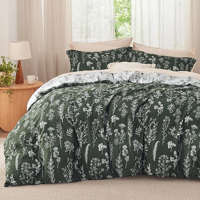 Bedsure Full Comforter Set - Dark Olive Green Bed Set, 3 Pieces Cute Floral Bedding, 1 Soft Reversible Botanical Flowers Comforter and 2 Pillow Shams