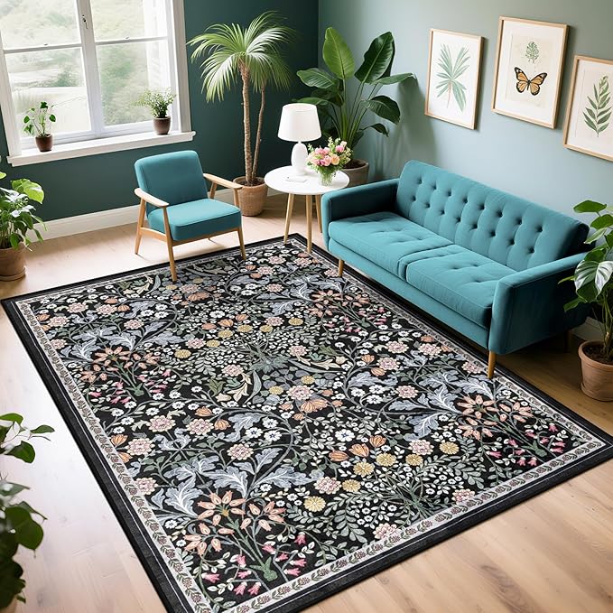PLHXFR 6x9 Area Rug Living Room: Floral Washable Boho Carpet Dark Black | by PLHXFRSoftAreaRugs