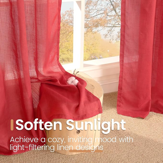 BGment Red Linen Cafe Curtains 36 Inch Length, Small Half Drapes Semi Sheer - Image 5