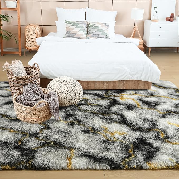4x6 Grey and Gold Fluffy Soft Area Rug Non-Slip - Image 3