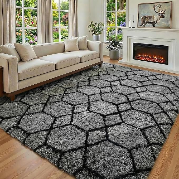 7x9 Area Rugs for Living Room Bedroom, Fluffy Grey and Black Geometric Rug | - Image 5