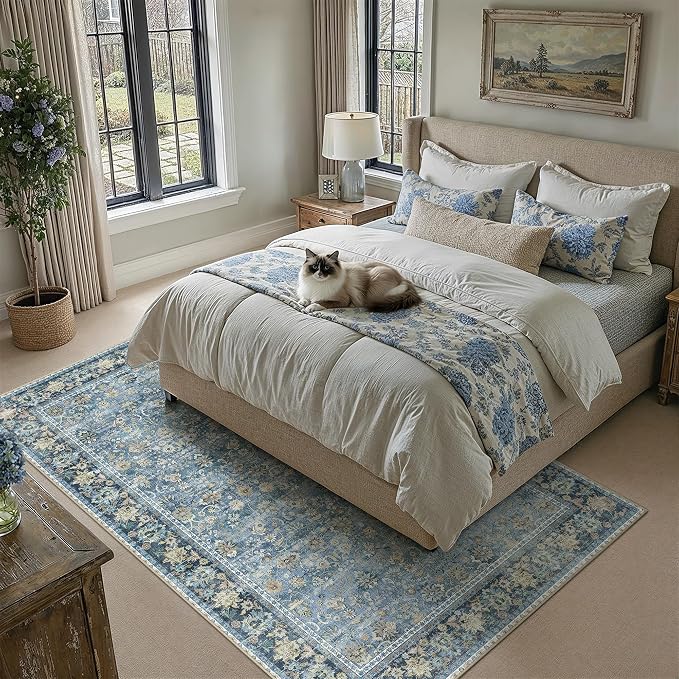 6x9 Light Blue Vintage Floral Washable Area Rug - Image 2