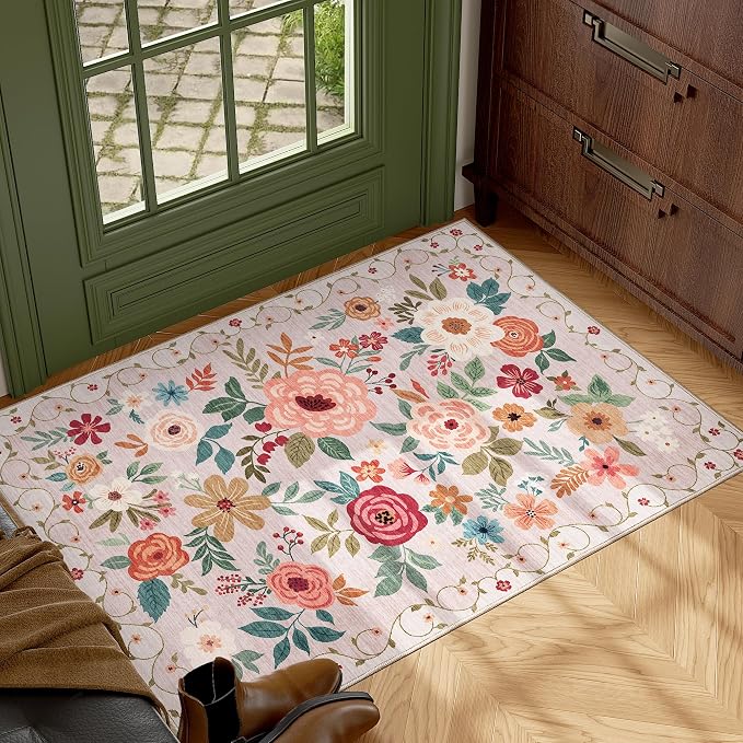 DUKINO 2x3 Entryway Rug, Floral Door Mat Soft Washable Rug Non Slip, - Image 3