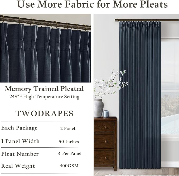 Pinch Pleat Linen Dark Blue Linen Light Filtering Curtains 72 Inch 2 Panels | - Image 4