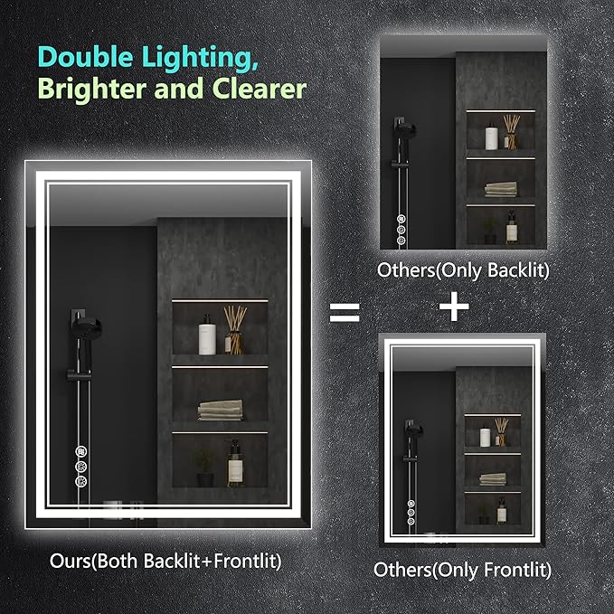 28x36 Inch Led Mirror for Bathroom with Front Light and Backlit, Dimmable Anti Fog Wall Bathroom Mirror with Led Lights, Water Proof, Decor Vanity Mirror