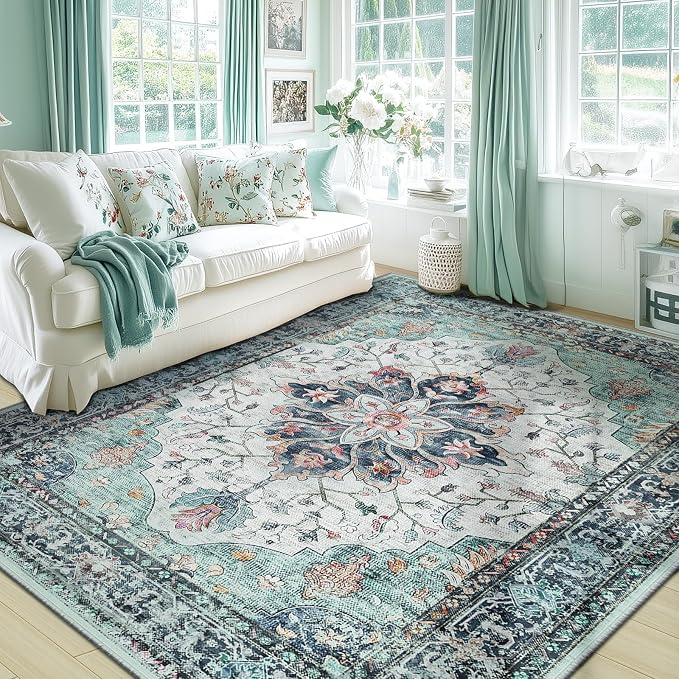 RELEANY Washable Area Rug, Teal Green/White/Navy | Non-Slip, Water Repellent by RELEANY