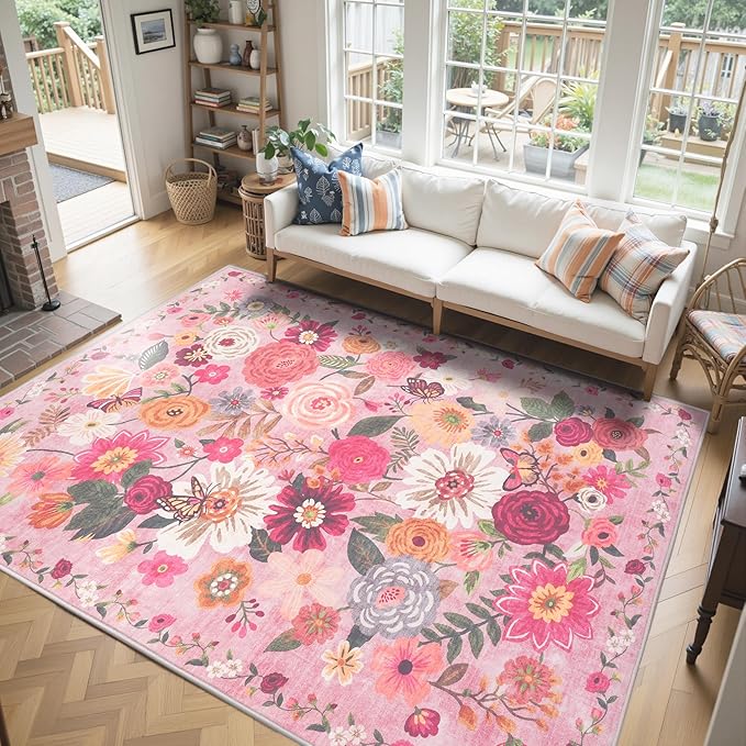 Pink Floral Area Rug 6x9 for Living Room Bedroom | Ultra-Thin; Easy Clean; Non by WelcometoBabovid