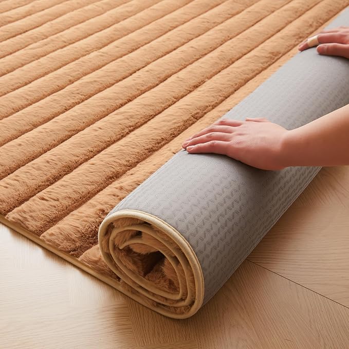 Coffee Rabbit Striped Plush Rug 2'x6', Fluffy Faux Fur Shaggy Area Rug - Image 5