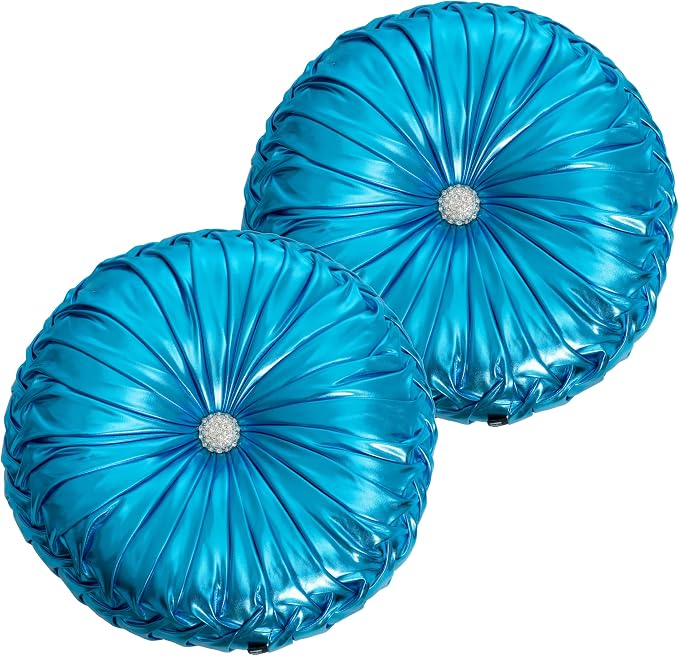 HIG Set of 2 Blue Metallic Leather Decorative Round Pleated Throw Pillows | - Image 2