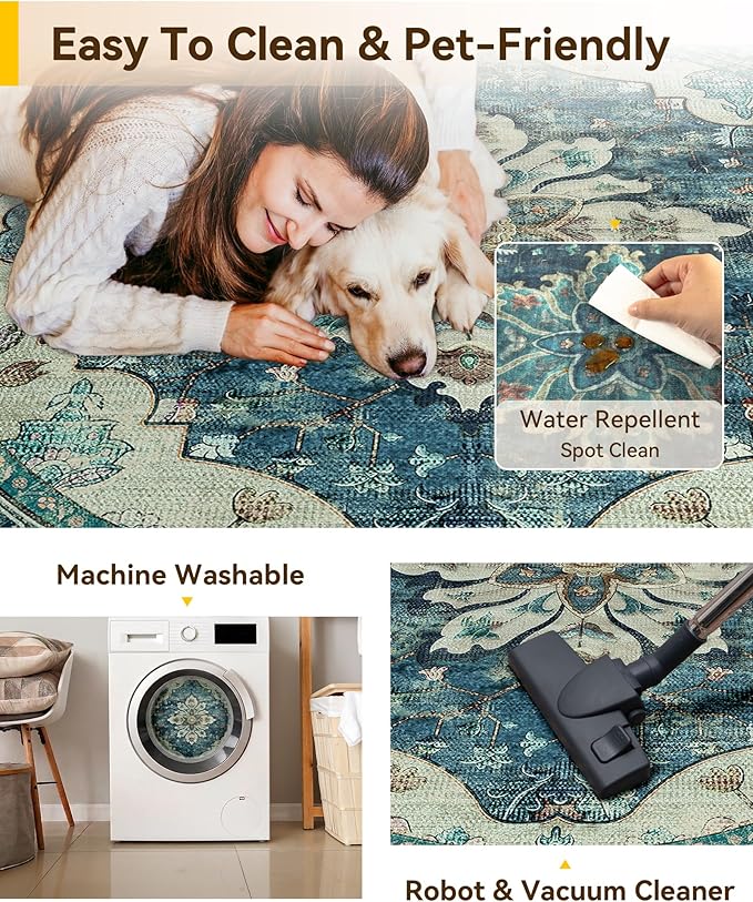 RELEANY Washable Area Rug, Round 8ft, Water Repellent, Pet Friendly, Vintage - Image 5