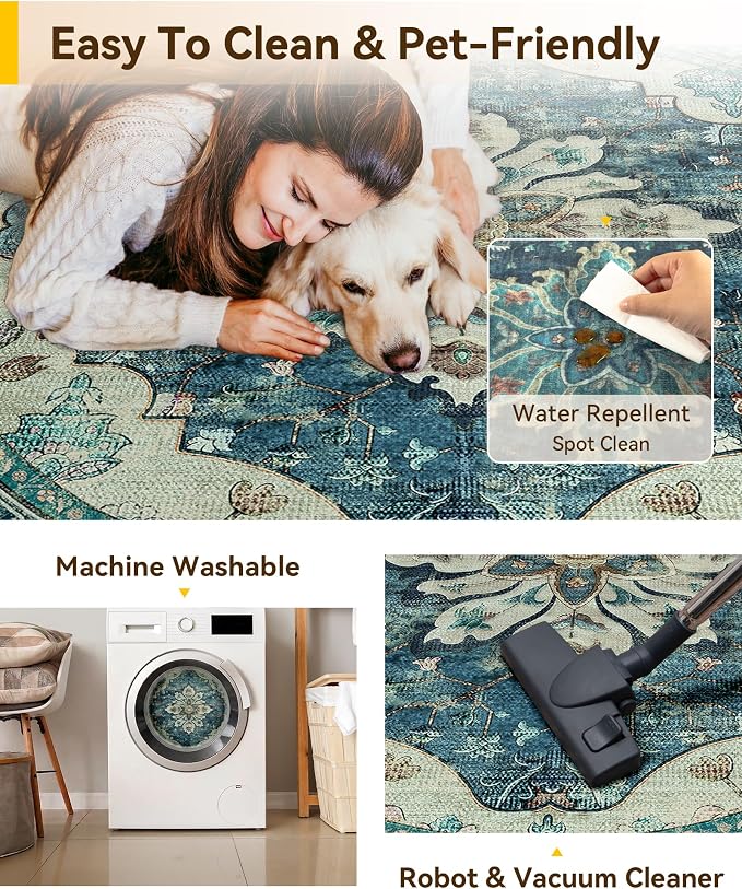 RELEANY Washable Area Rug, Round 10ft, Water Repellent, Pet Friendly, Vintage - Image 5