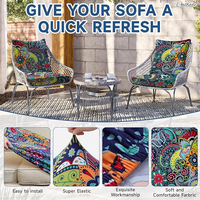 CALBODE 12Pcs Stretch Patio Cushion Cover, Boho Floral Couch & Sofa Slipcovers - Image 3