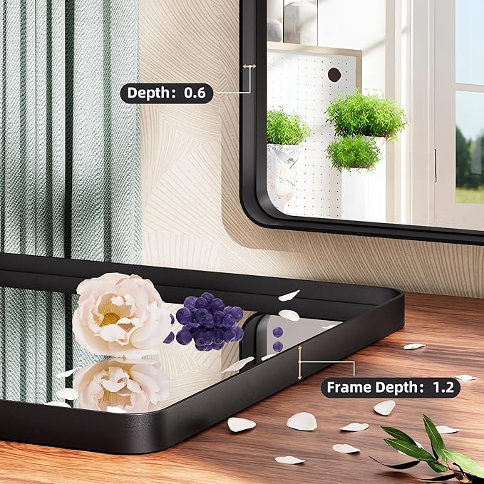 Hasipu Black Bathroom Wall-Mounted Mirror 59x39 Inch Rounded Rectangle Vanity Mirror Metal Framed Wall Mirrors Anti-Rust Surface Mount (Hangs Horizontal or Vertical)