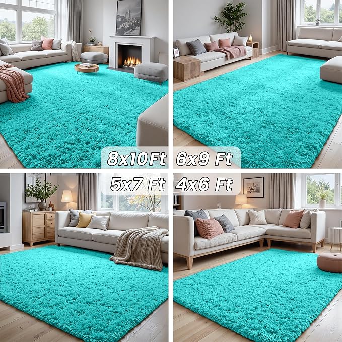 4x6 Fluffy Shag Area Rugs for Living Room Bedroom: Soft Carpet Teal Blue | - Image 7