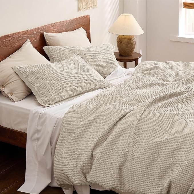 Bedsure Cotton Duvet Cover Full - 100% Cotton Waffle Weave Beige Duvet Cover Set, GentleSoft™ and Breathable Bedding Set for All Season, 3 Pieces, 80"x90"