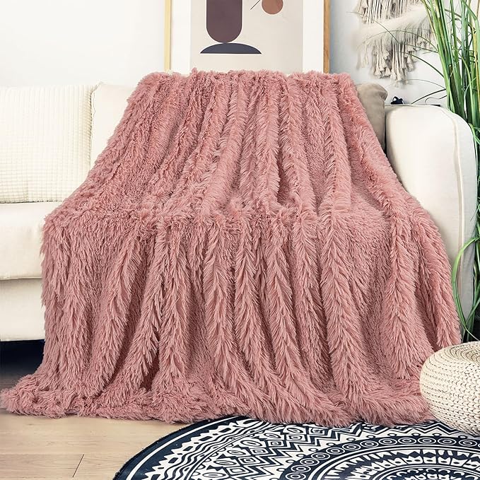 Tuddrom Decorative Extra Soft Faux Fur Blanket Twin Size 70" x 78",Solid Reversible Fuzzy Long Hair,Fluffy Cozy Plush Fleece Comfy Microfiber Blanket for Couch Sofa Bed,Peach Whip