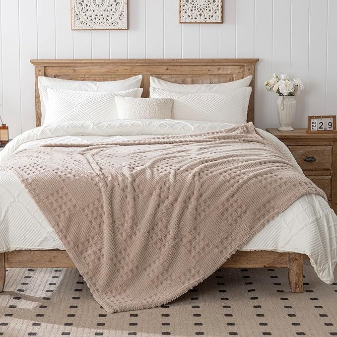 Waffle Brown Throw Blanket -Fluffy Fleece, Neutral Tan Color, Cute & Aesthetic - Image 5