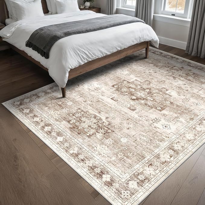 Washable Neutral Farmhouse Living Room Rug, 5x8 Area Rugs - Image 3