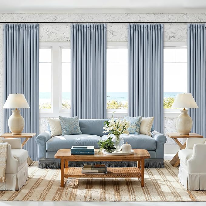 120 Inch 100% Blackout Pinch Pleated Linen Curtains Light Blue - Image 7
