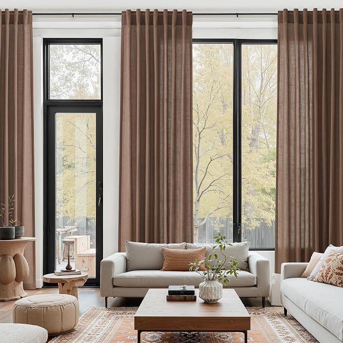 Caramel Brown Linen Curtains for Living Room 105 Inches Long Back Tab Light - Image 6