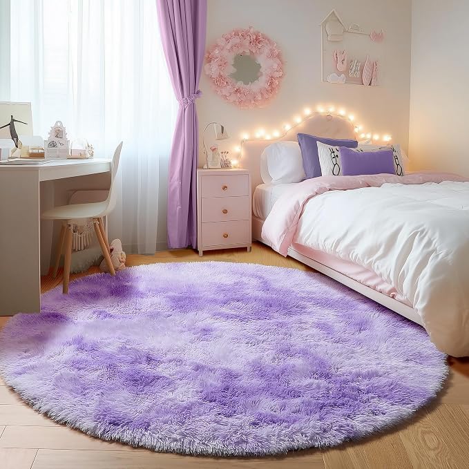 Tie-Dyed Purple Round Area Rug 4ft, Soft Bedroom Circle Rugs Floor Mats - Image 3