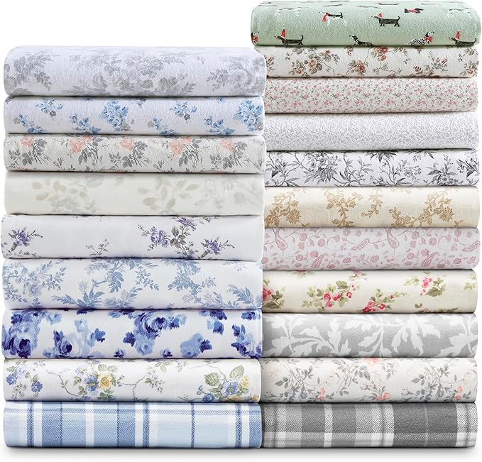 Laura Ashley - Flannel Sheets Full Size, Anti-Pilling & Wrinkle Resistant Cotton, Touchably Soft for All-Season Comfort - Bed Sheets with Matching Pillowcases & Fitted Sheet (Holiday Pups Green)