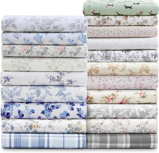 Laura Ashley - Flannel Sheets Queen Size, Anti-Pilling & Wrinkle Resistant Cotton, Touchably Soft for All-Season Comfort - Bed Sheets with Matching Pillowcases & Fitted Sheet (Vanessa Grey)