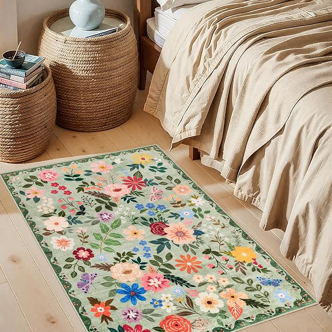 PLHXFR 2x3 Small Entryway Rug: Floral Washable Indoor Soft Carpet Green | - Image 3
