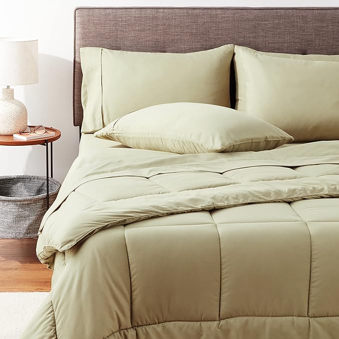 Sweet Home Collection 7 Piece Comforter Set Bag Solid Color All Season Soft Down Alternative Blanket & Luxurious Microfiber Bed Sheets, Sage, Queen