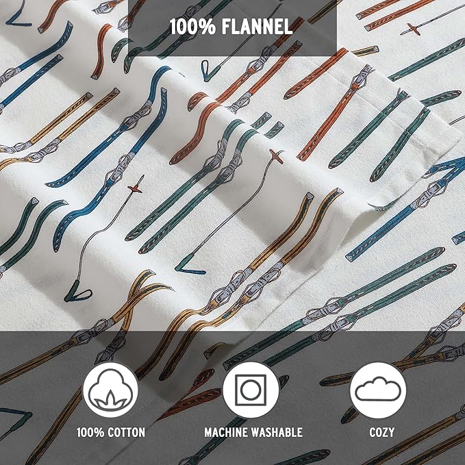 Eddie Bauer - Full Sheets, Cotton Flannel Bedding Set, Brushed For Extra Softness, Cozy Home Decor (Ski Line White, Full)
