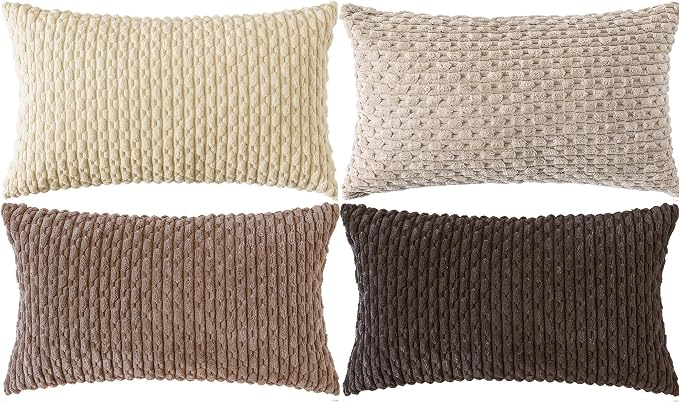 Set of 4 Beige Brown Coffee Decorative Throw Pillow Covers 12x20 Inch Corduroy by Cozoomy