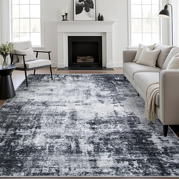 Area Rug Living Room: 4x6 Modern Washable Soft Carpet Dark Black | - Image 2