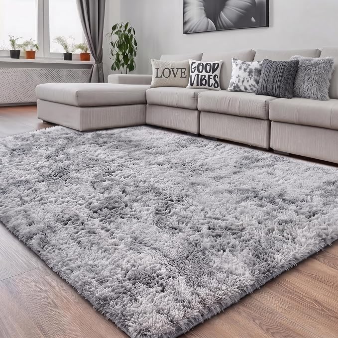 Amdrebio Tie-Dyed Light Grey Fluffy Large Rug 6x9 by Amdrebio