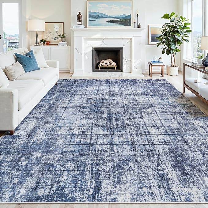 9x12 Washable Area Rug for Living Room Bedroom: Non-Slip Modern Navy Blue | by Oriannal
