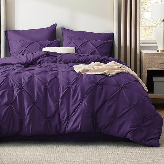 Bedsure Full Comforter Set Purple - Bed in a Bag Full Size Bedding Set 7 Pieces, GentleSoft™ Pintuck Bed Set Gift for Family, Pinch Pleat All Season Comforter with Sheets, Pillowcases & Shams