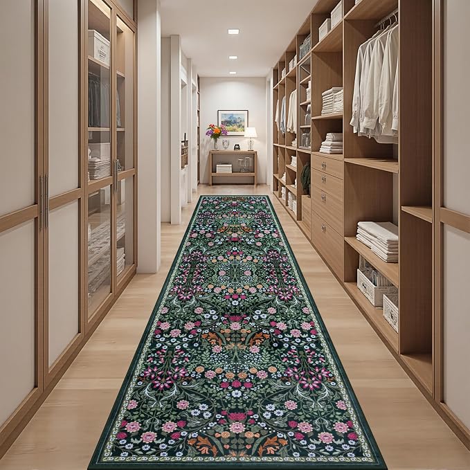 PLHXFR 2.6x14 Washable Runner Rug：Floral Indoor Kitchen Carpet Dark Green | - Image 5