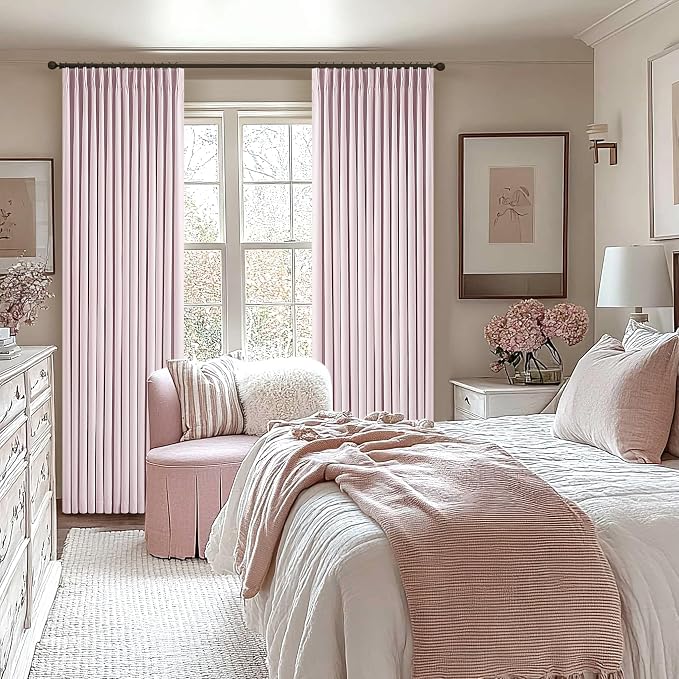 Light Pink Pinch Pleated 100% Blackout Linen 84 Inch Curtains | Room Darkening - Image 2