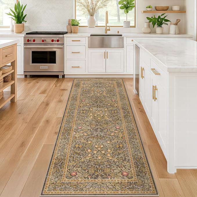 Washable Runner Rug Non Slip 2x6, Laundry Room, Bedroom Bedside, Vintage Floral by HazoHaus