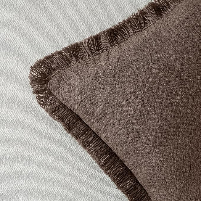 MIULEE Boho Linen Fringe Decorative Fall Pillow Covers Reddish Brown 20x20 | - Image 3
