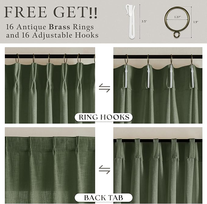 Olive Green Linen Pleated Curtains Semi Sheer Boho Curtain 50Wx80L 2 Panels | - Image 5
