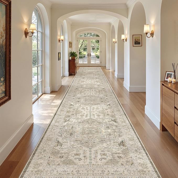 Madane Hallway Runner Rug 3x20 Washable Kitchen Runners 20ft, Ivory/Brown | - Image 4