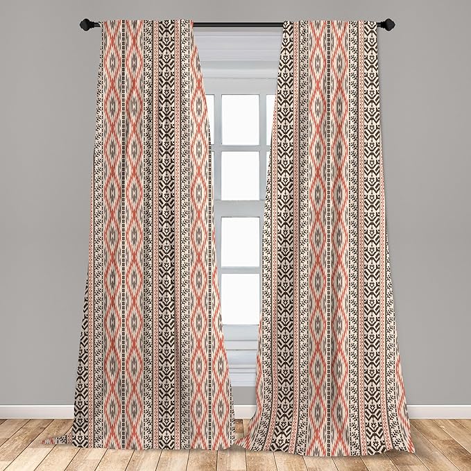 Ambesonne Southwestern Window Curtains, Traditional Vertical Borders Inspired by Prehistoric Art Ikat Style, Lightweight Decorative Panels Set of 2 with Rod Pocket, Pair of - 28" x 63", Brown Coral