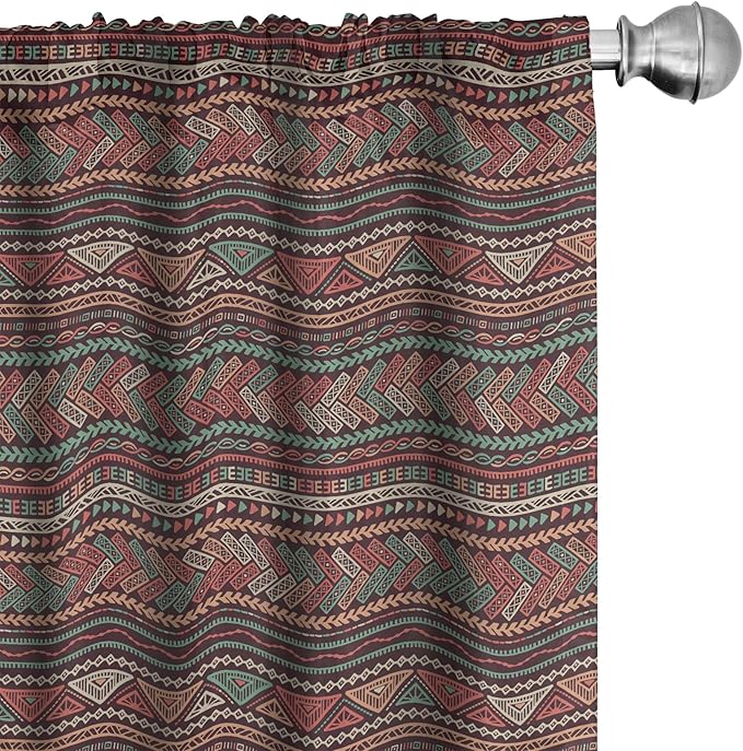 Ambesonne Boho Window Curtains, Hand Drawn Inspired Print of Triangles Colorful Latin American Folklore Motifs, Lightweight Decor 2-Panel Set with Rod Pocket, Pair of - 28" x 84", Maroon Coral