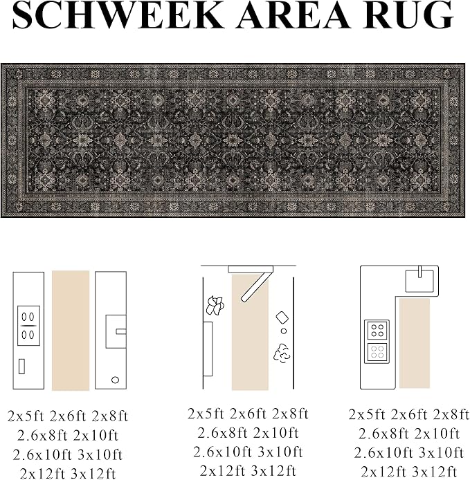 Schweek 2x12 Washable Runner Rug Non Slip Vintage Black Kitchen Runners | - Image 2